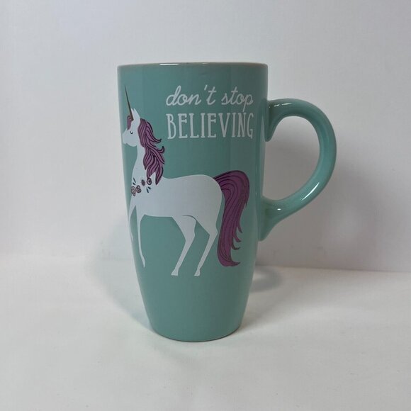 Sheffield Home Tall Coffee Mug Light Green Unicorn "Don't‎ Stop Believing" - Picture 1 of 8